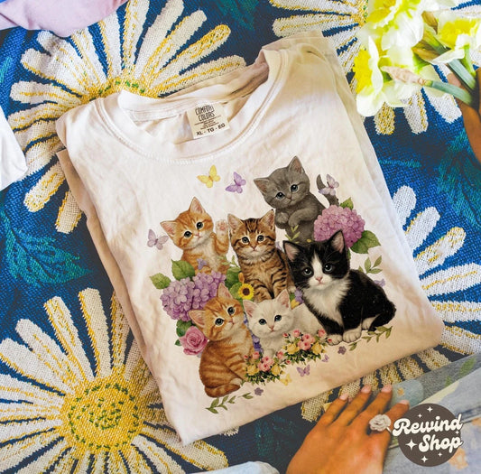 Floral Kitten Graphic Tee  Vintage Comfort Colors Shirt  Cat Lover Tshirt