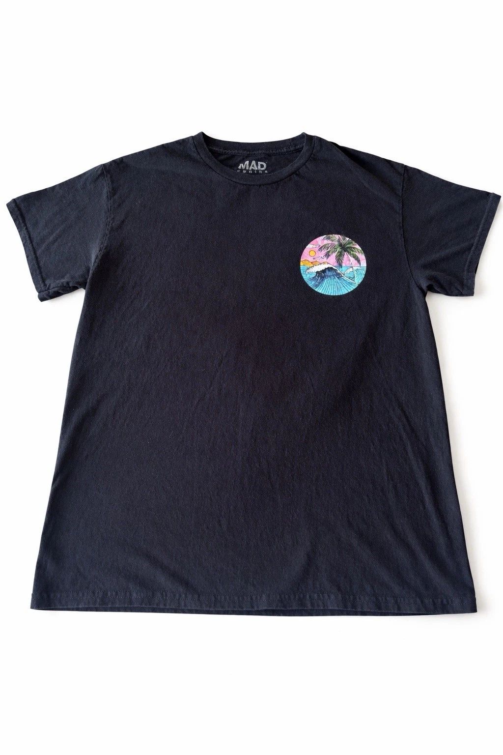 MAD Engine Graphic T-Shirt Skeleton Surf Palm Tree Sunset Black Tee Size M