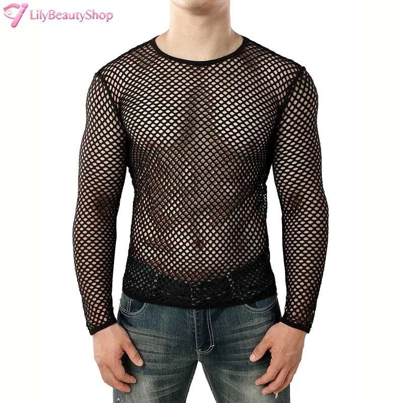 Fashion Men's Fishnet Sheer Tops Long Sleeve See Through Punk Tee Shirt Clubwear