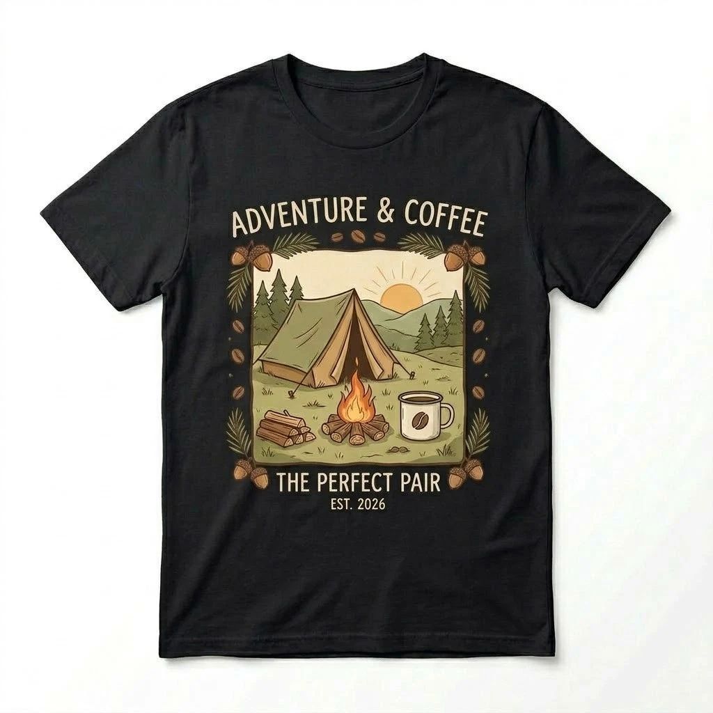 Adventure & Coffee Camping T-Shirt Hiking Outdoors Tee Perfect Pair Est 2026