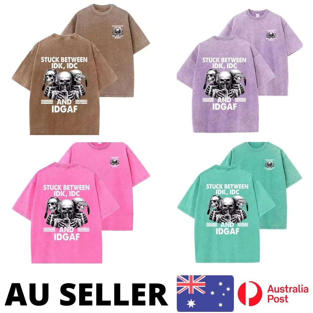 Trendy Skull Print Man  T-Shirts Summer Vintage Washed Cotton Tees - AU Stock