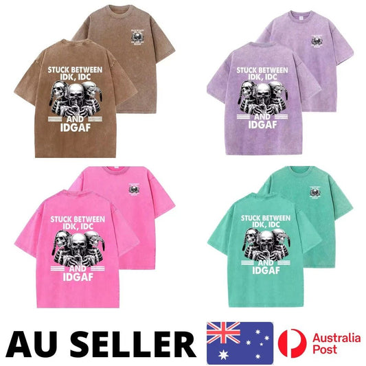 Trendy Skull Print Man  T-Shirts Summer Vintage Washed Cotton Tees - AU Stock