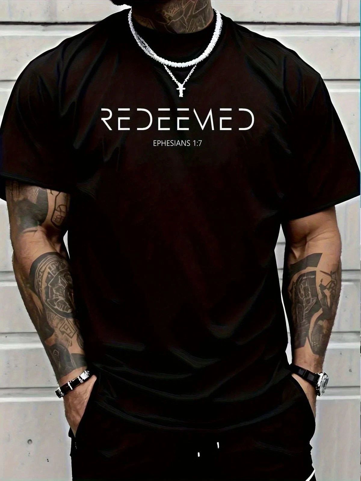 Redeemed Ephesians 1:7 Christian Graphic Tee - Modern Minimalist Faith T-Shirt