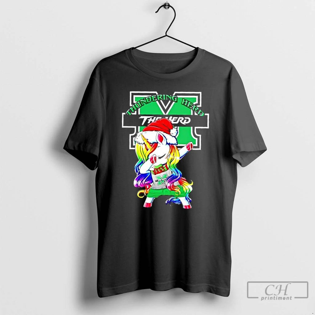 Classic Marshall Thundering Herd Football X Unicorn Santa Hat Dabbing Merry Christmas T Shirts