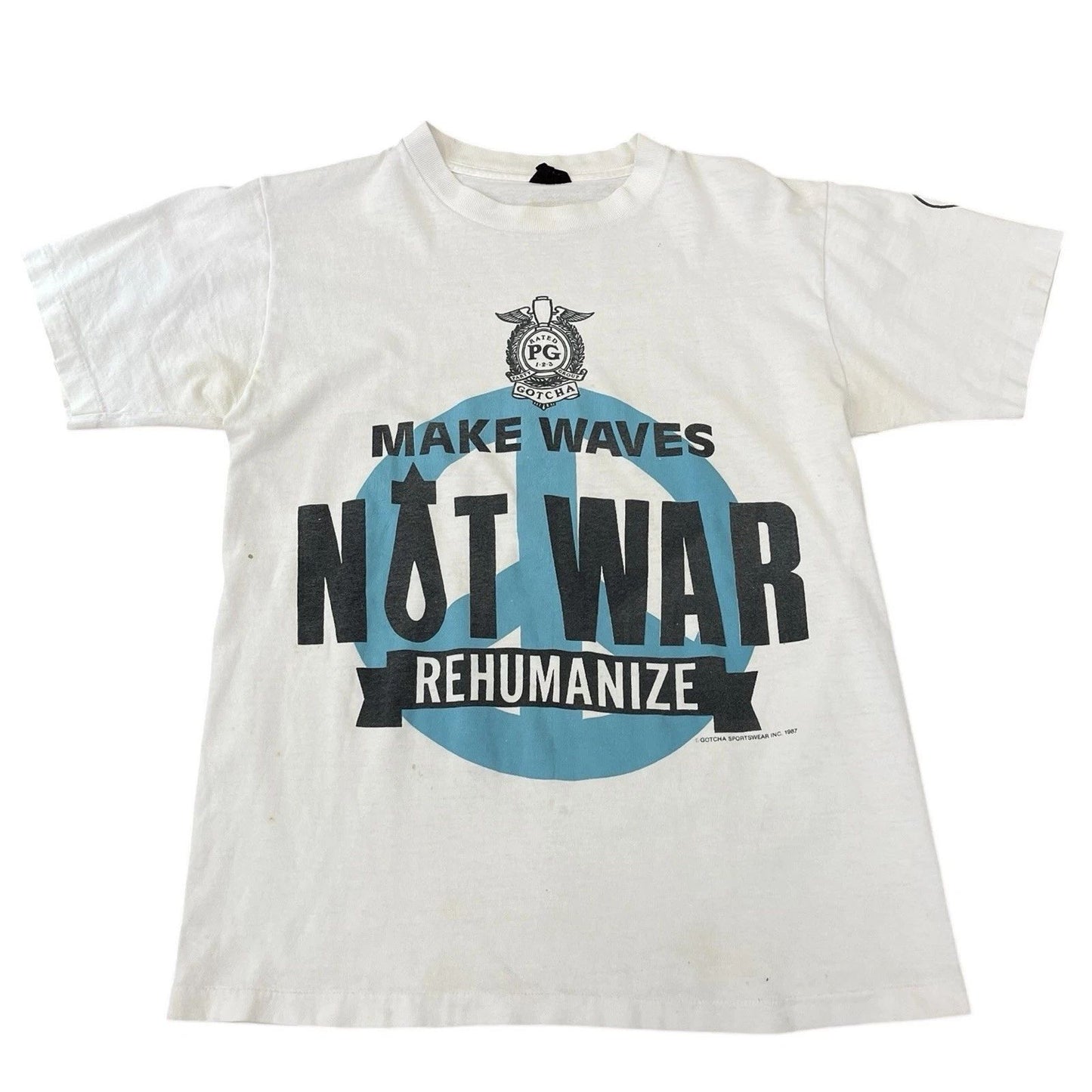 Vintage Gotcha Make Waves Not War Rehumanize 1987 T-shirt Surf Surfing