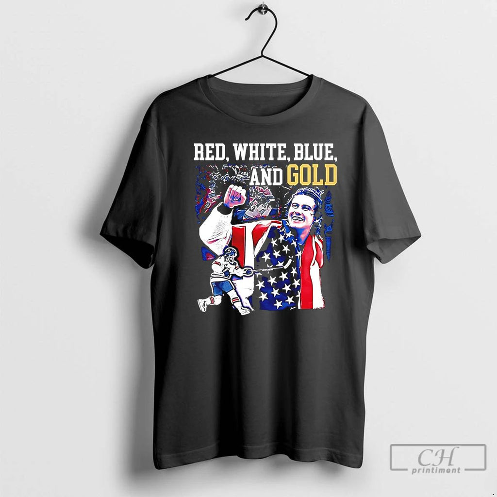 Classic Jack Hughes Red White Blue And Gold Usa Hockey 2026 Olympics Champions T Shirts