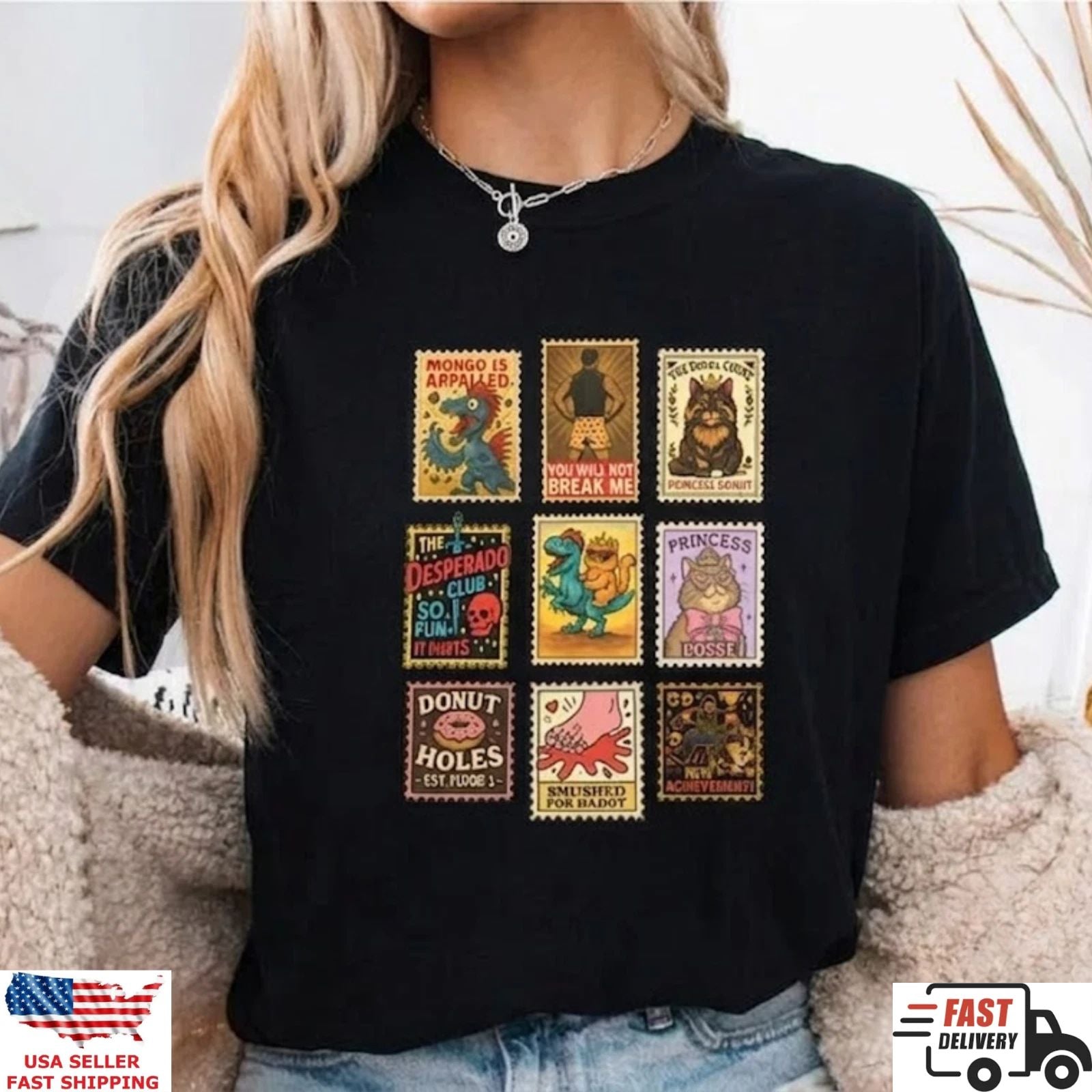 Retro Cartoon Stamp Collage T Shirt Funny Aesthetic Vintage Graphic Tee