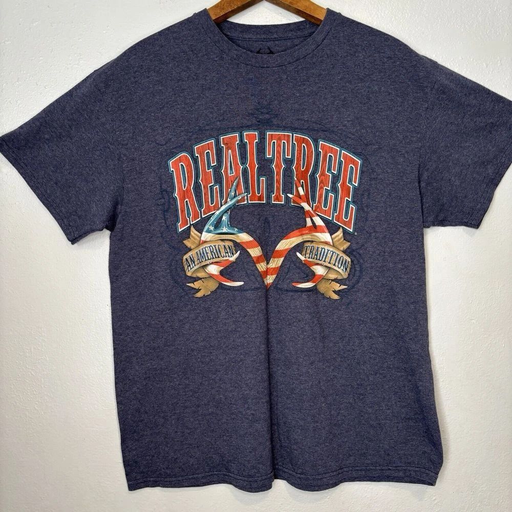 Realtree Mens Top Blue L  Pullover Short Sleeve An American Tradition Logo Tee