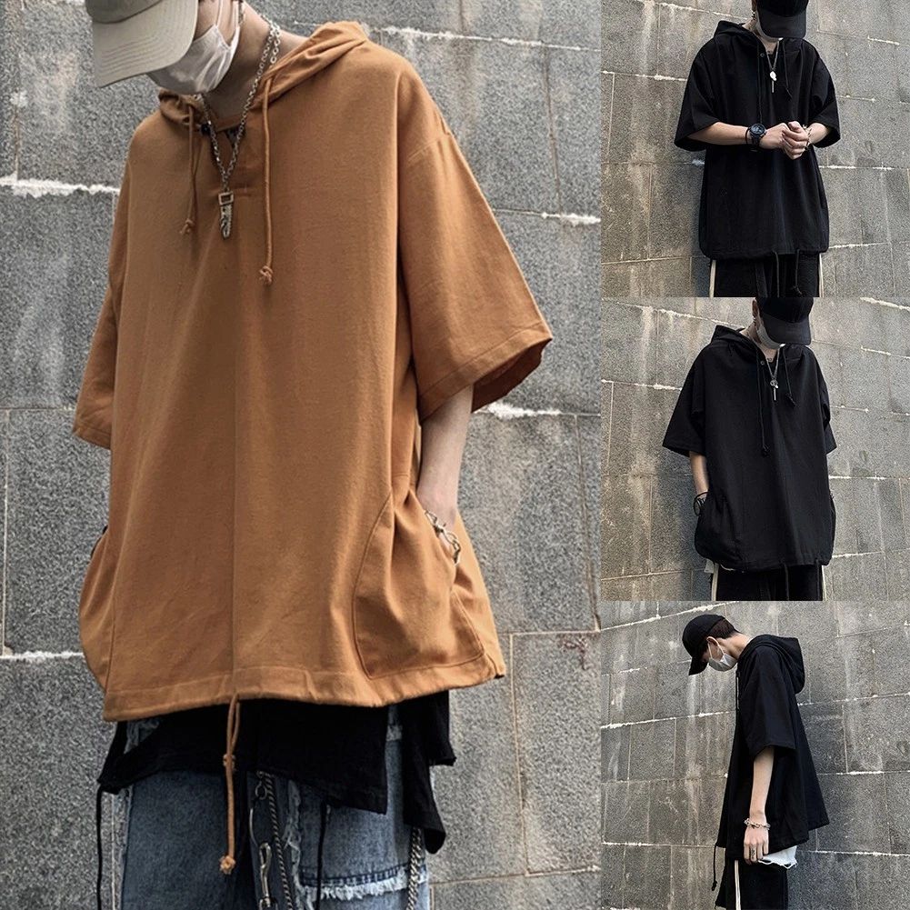 Stylish Men's Hip Hop Hooded TShirt Loose Fit Casual Top in Black and Yellow
