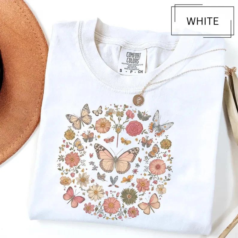 Watercolor Flowers Butterfly Boho Comfort Tee Graphic Shirt Nature Art Gift