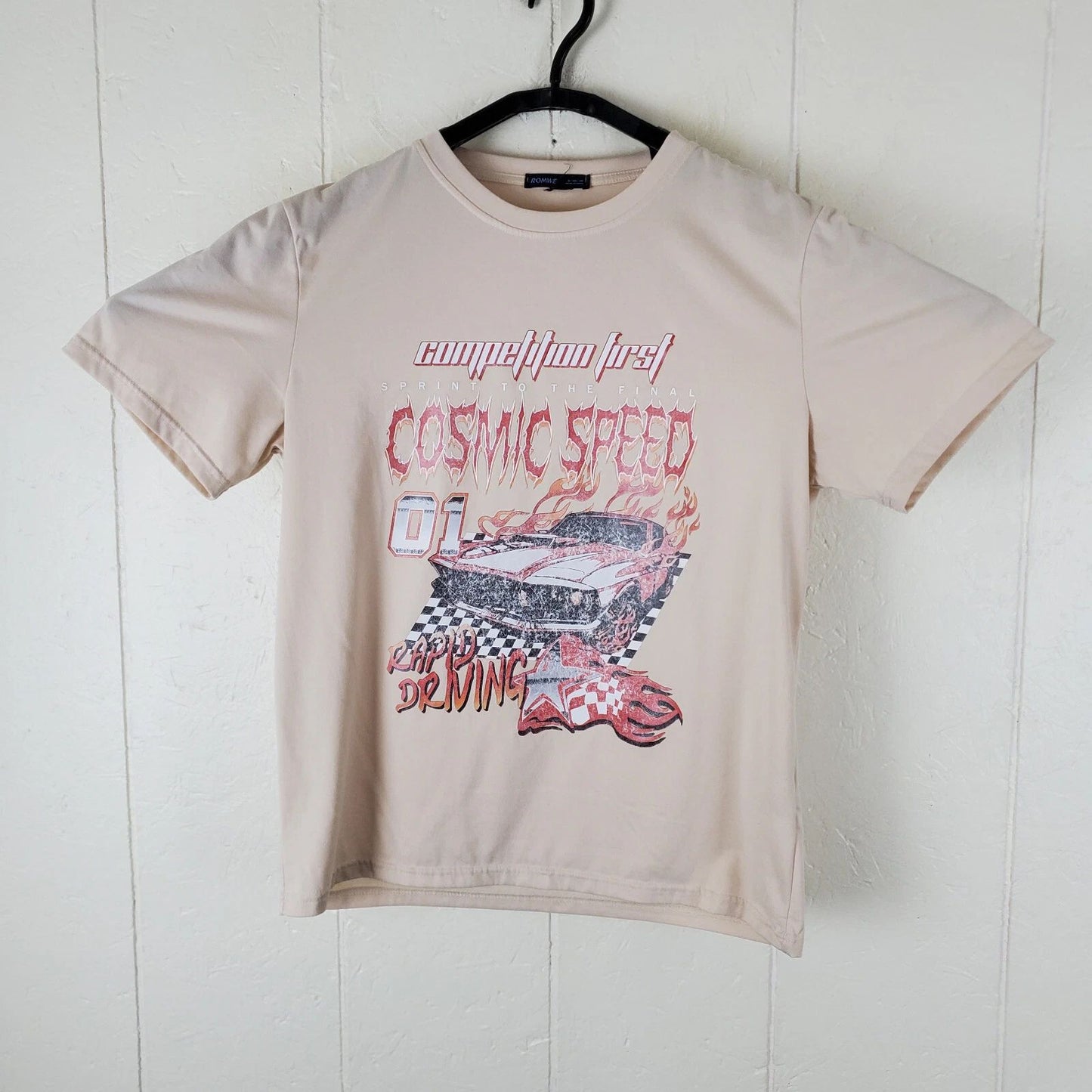 Romwe Shirt Mens Small Beige Graphic Crew Neck Short Sleeve Stretch Pullover