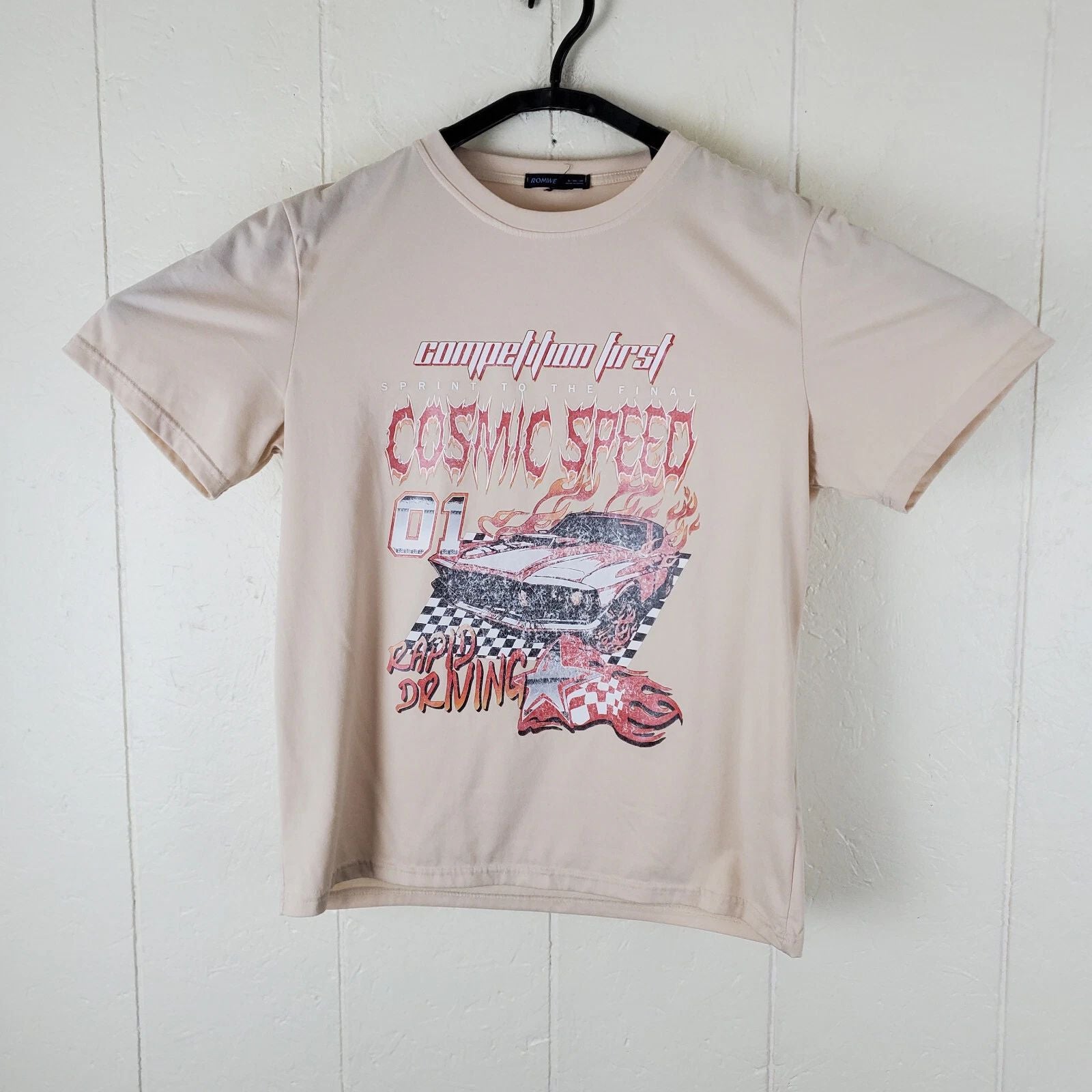 Romwe Shirt Mens Small Beige Graphic Crew Neck Short Sleeve Stretch Pullover