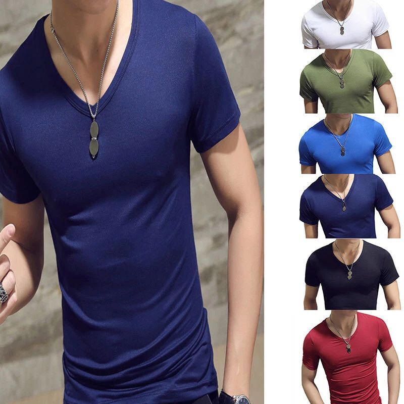 Men's Slim Fit V-Neck Short Sleeve Pullover T-Shirt Muscle Workout Tee Tops 」
