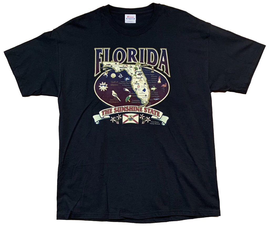 Florida The Sunshine State Map & Flag Orange Blossom T-Shirt Size XL Black