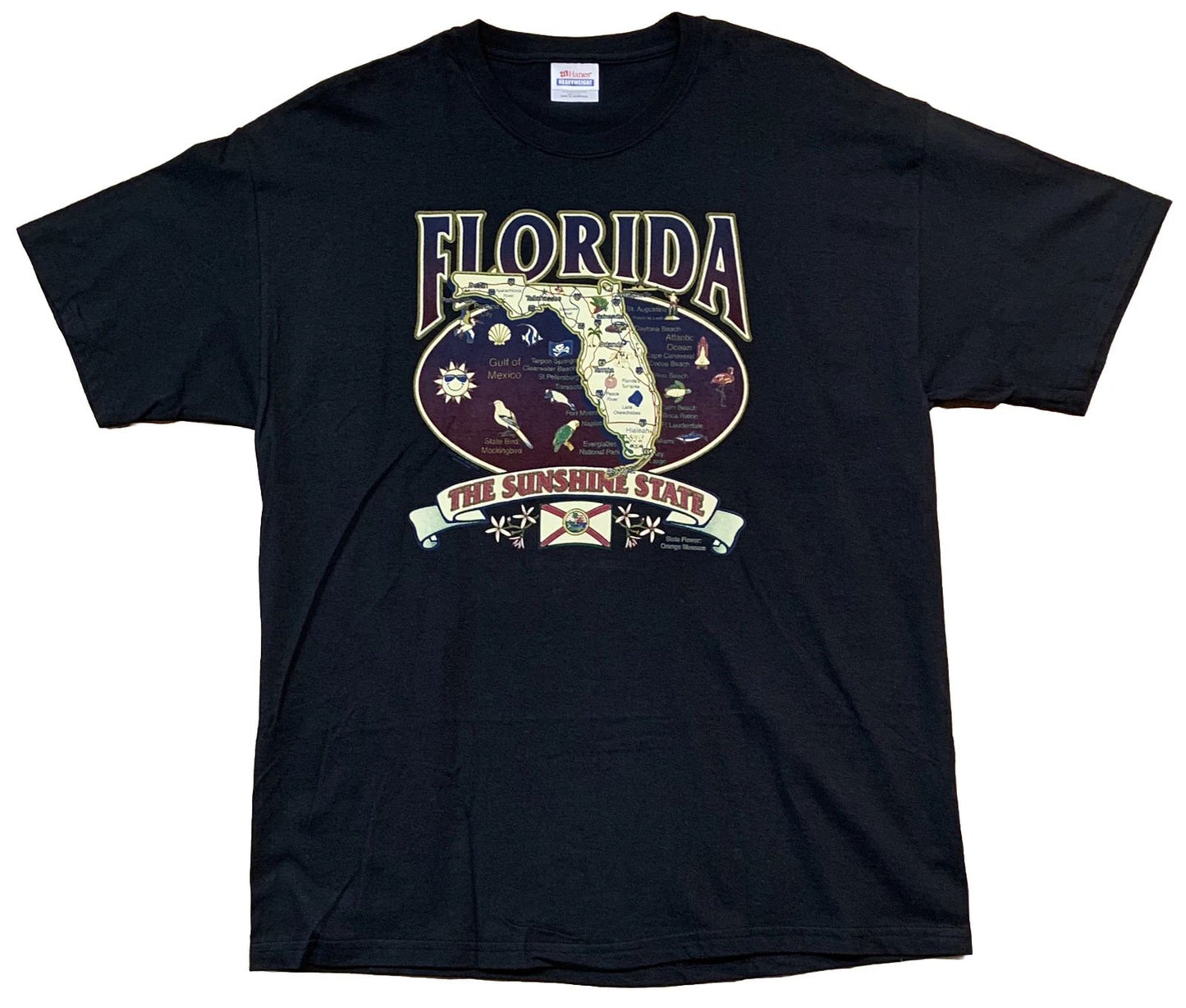 Florida The Sunshine State Map & Flag Orange Blossom T-Shirt Size XL Black