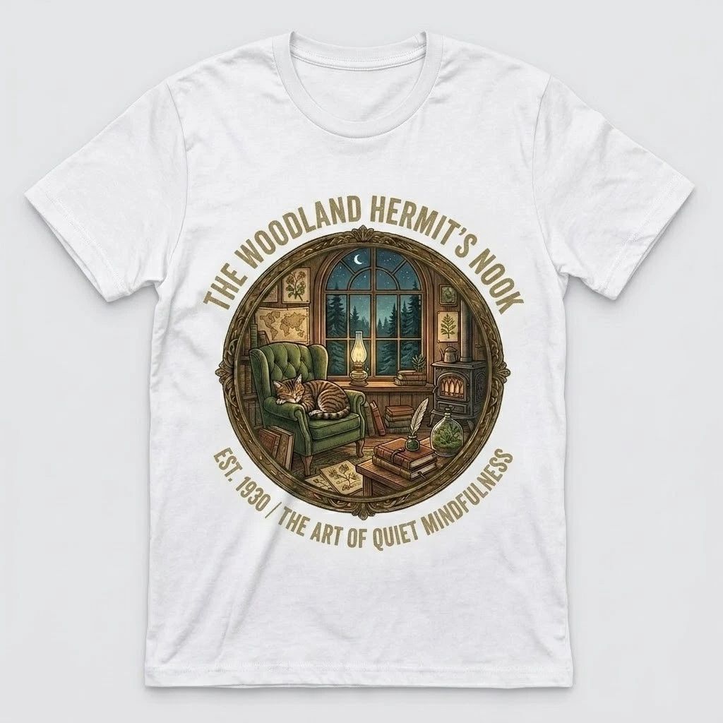 The Woodland Hermit's Nook T-Shirt Cozy Cat Cabin Core Mindfulness Graphic Tee