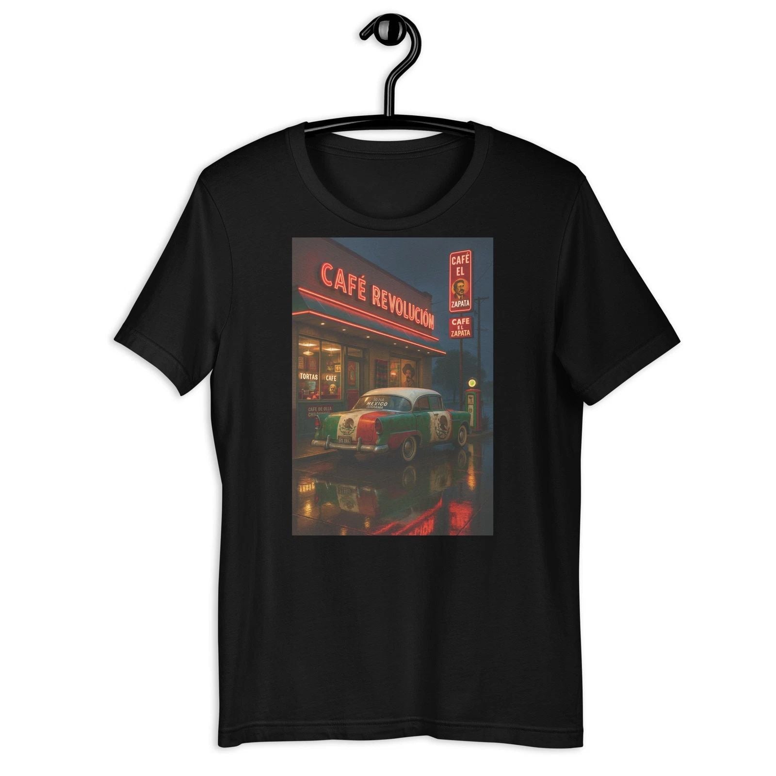 Mexican Cafe Neon T-Shirt Vintage Car Flag Night Street Graphic Tee
