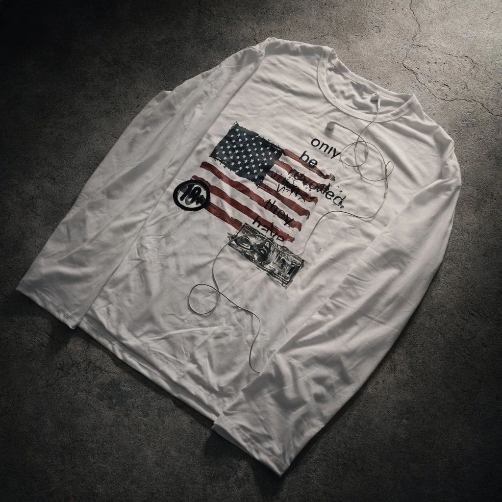 White long-sleeve USA loose-fit graphic T-shirt, Y2K vintage style