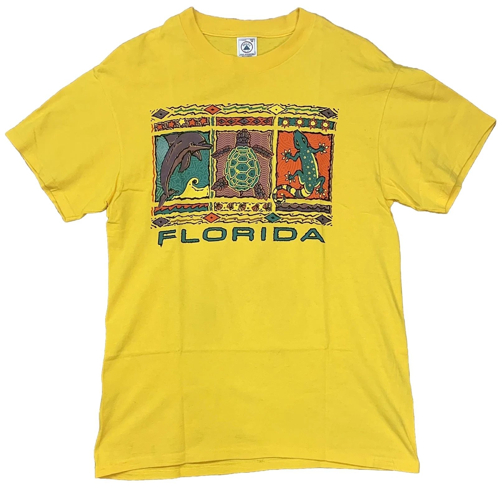 Florida Wildlife Dolphin Turtle Lizard T-shirt Size Medium Yellow Excellent!