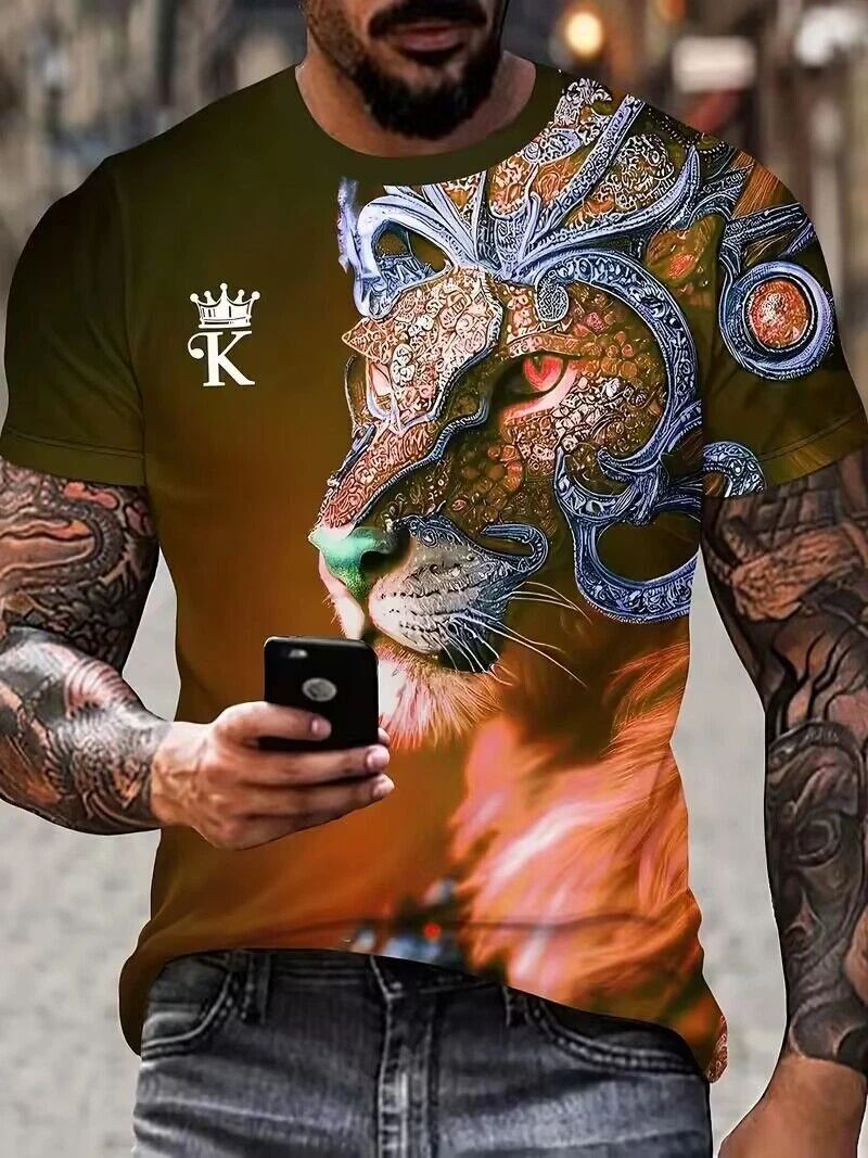 Men T Shirts Fashion Abstract Gold Lion Head Casual Short Sleeve Novelty Trendy