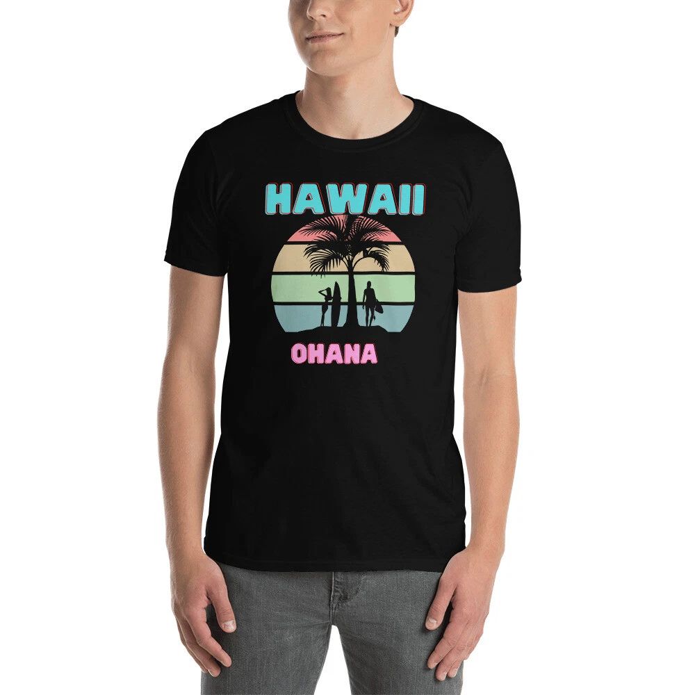 Hawaii surfer palm tree tshirt say aloha  with OHANA