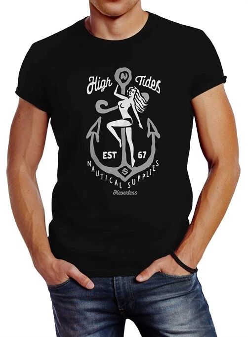 Neverless® Men's T-Shirt Anchor High Tides Lettering Nude Woman Street Style