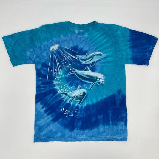 Vintage T-Shirt Dolphin Tie-Dye Print Size Medium Short Sleeve Blue Ocean Nature