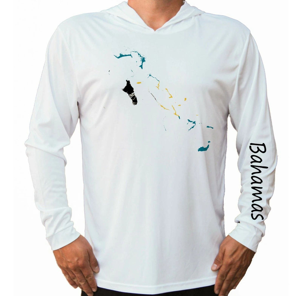 The Bahamas Flag Map Sport UV Protected UPF 50 Long Sleeve T-Shirt Hood Fishing