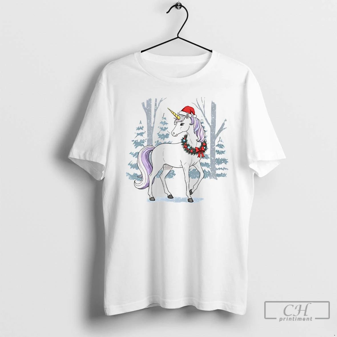 Classic Unicorn Wreath Winter Forest Christmas White T Shirts