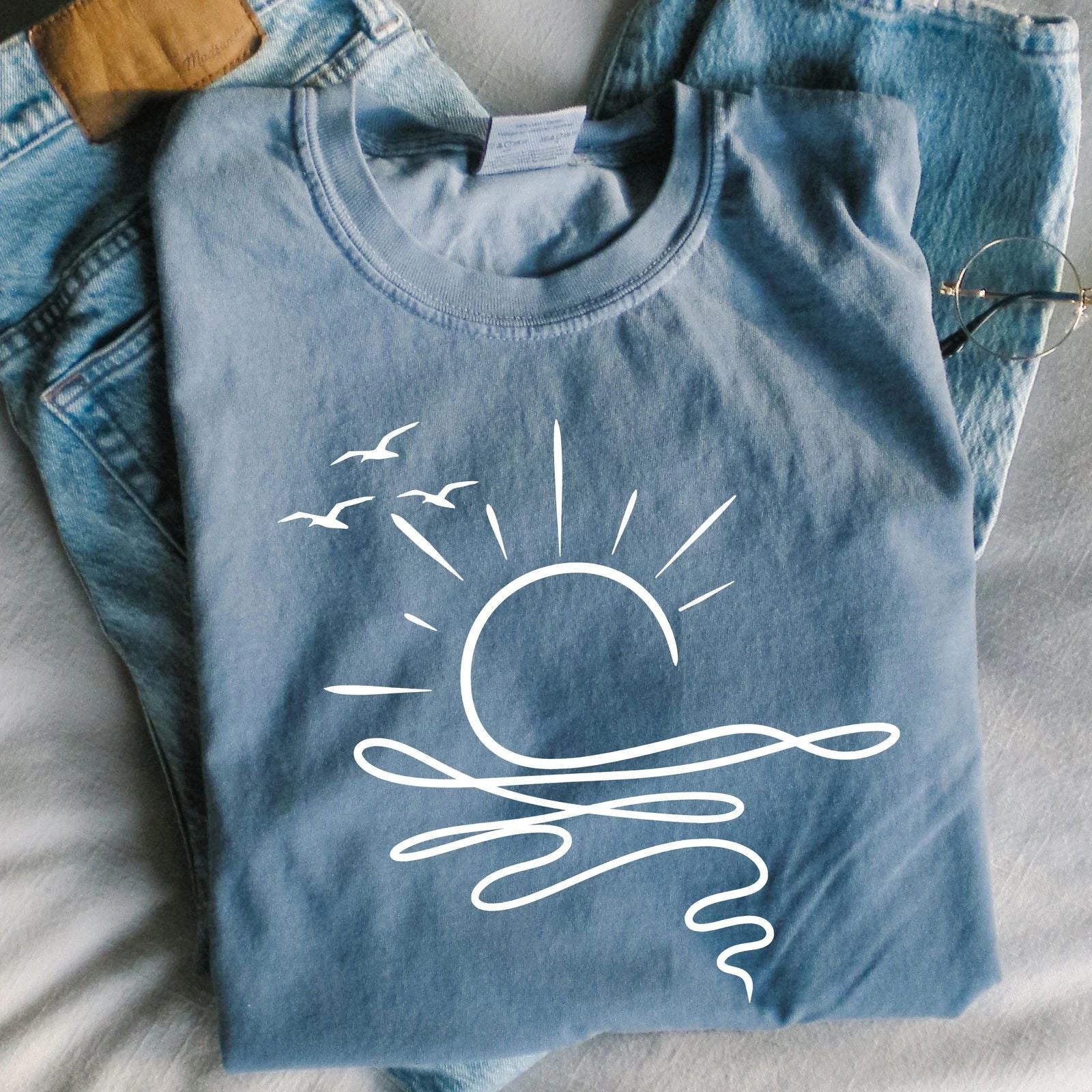 Comfort Colors Sun Ocean Shirt - Linear Graphic Boho Summer T Shirt - Trendy Bea