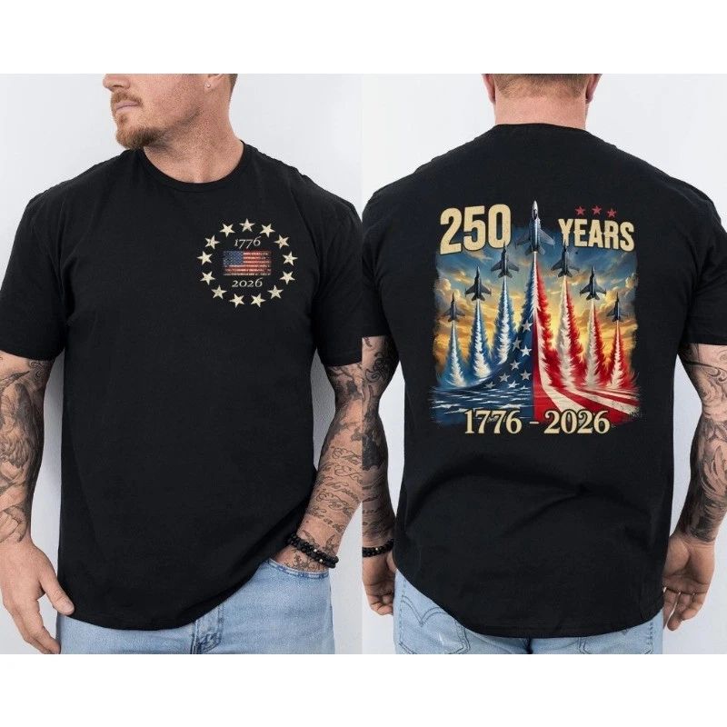 250 Years America Anniversary Fighter Jets Patriotic T-Shirt Front & Back