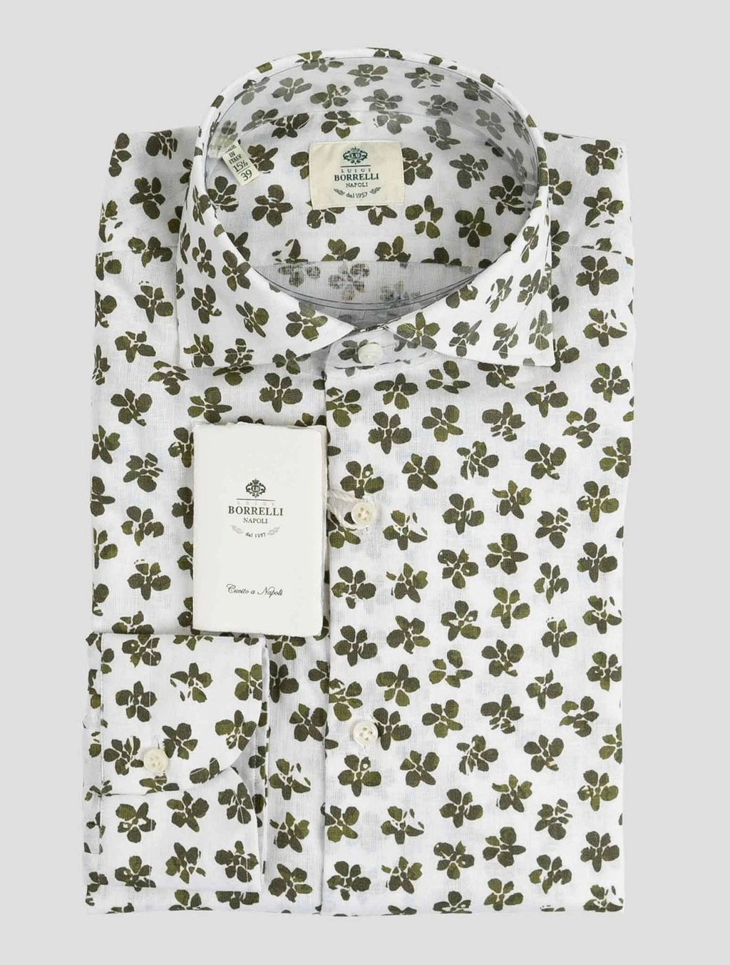 NEW LUIGI BORRELLI WHITE GREEN LINEN  COTTON SHIRT US 17 - EU 43 B2V54