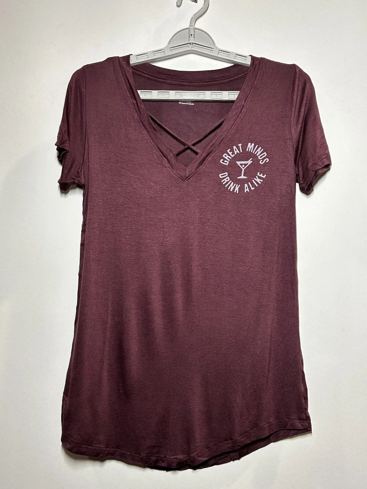 Women's "Great Minds Drink Alike" Short Sleeve Criss-Cross V-Neck Graphic Tee, S