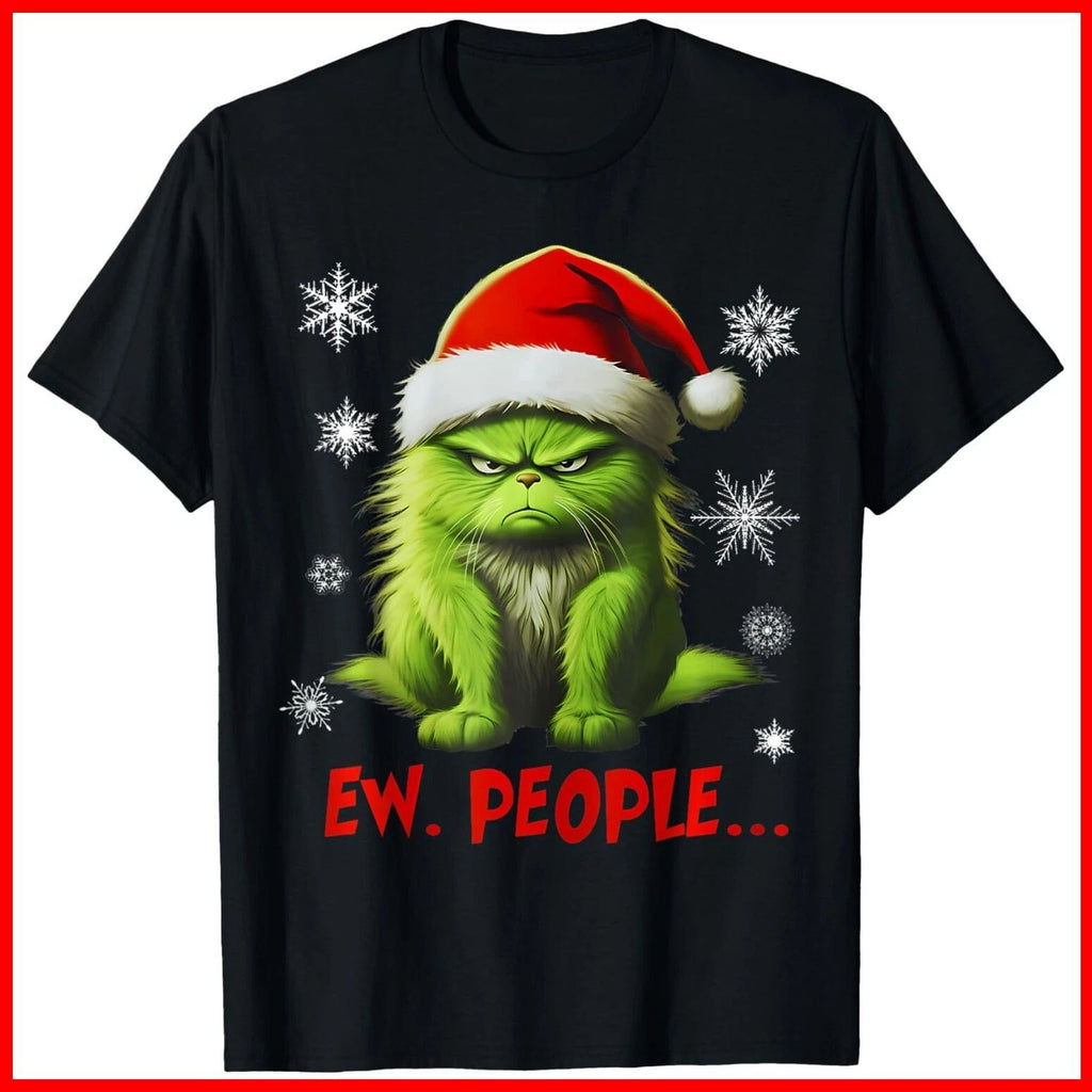 Funny Christmas Cat Ew People Meowy Cat Lovers Black Cotton T-Shirt S-5XL
