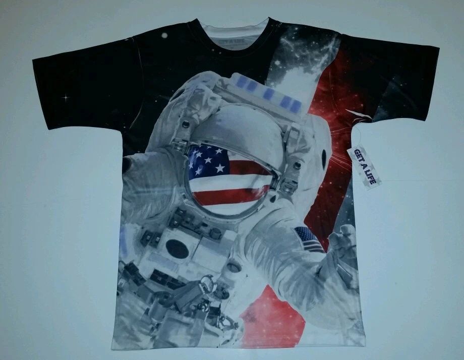 New Mens GET A LIFE USA NASA Moon Space 2-sided graphic T-Shirt polyester Medium