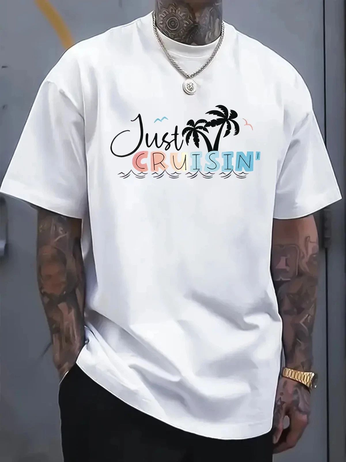 Just Cruisin' Print T-Shirt, Short Sleeve Casual Top, Crew Neck Short Sleeve Com