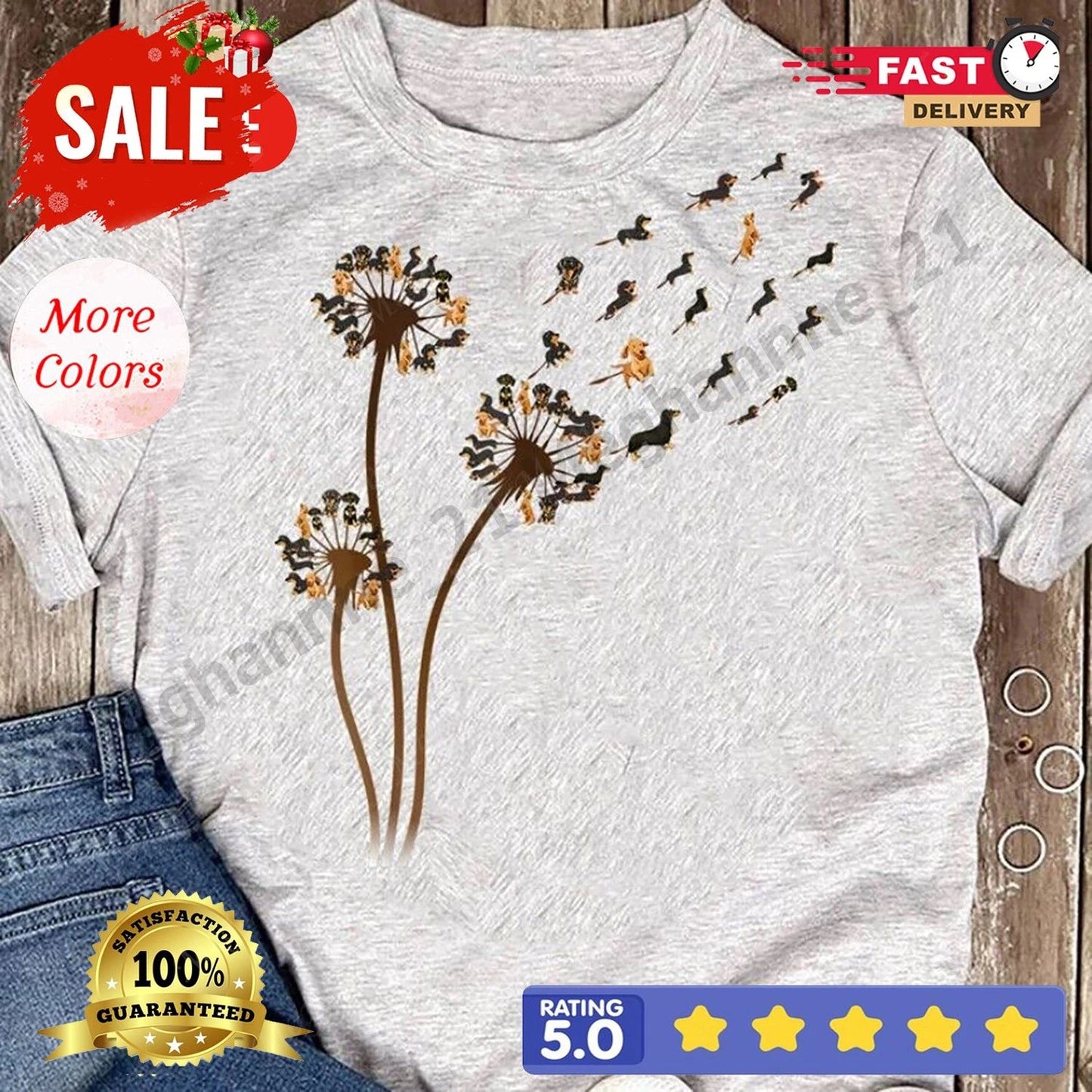 Dachshund Flower Fly Dandelion Funny Cute Dog Lover T-Shirt S-5XL.