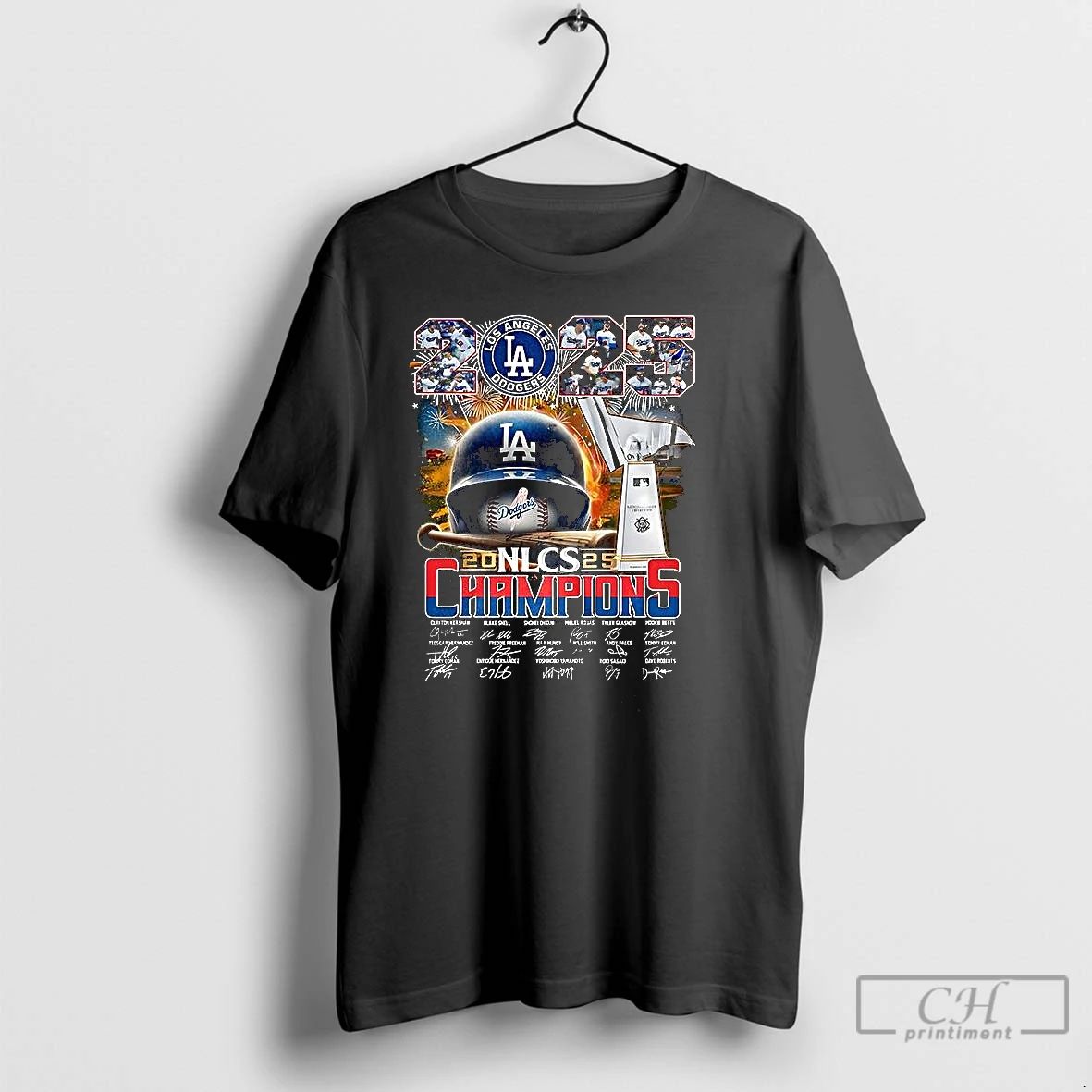 Classic Los Angeles Dodgers 2025 Nlcs Champions Trophy Helmet Signature T Shirts