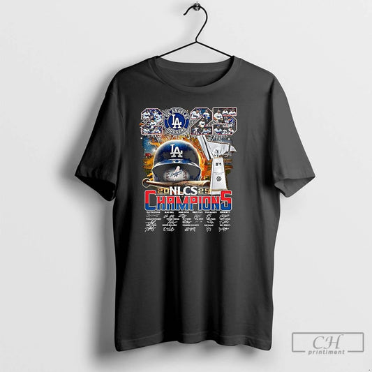 Classic Los Angeles Dodgers 2025 Nlcs Champions Trophy Helmet Signature T Shirts