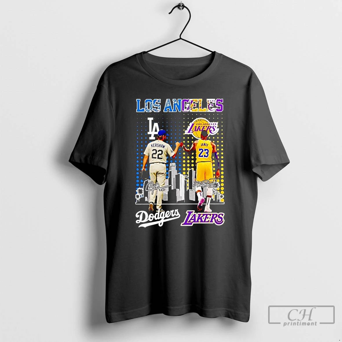 Classic Dodgers Kershaw And Lakers James Fist Dump Los Angeles Skyline T Shirts