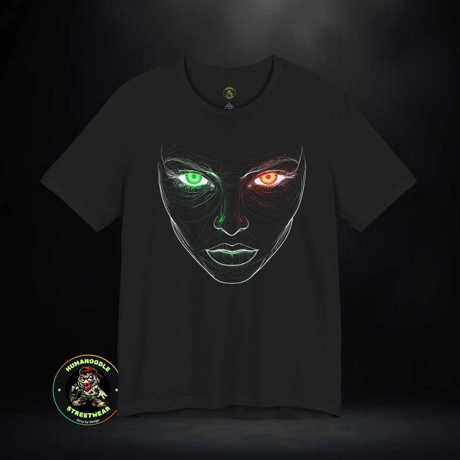 Evil Face Sketch T-Shirt | Minimal Line Art, Green Red Eyes
