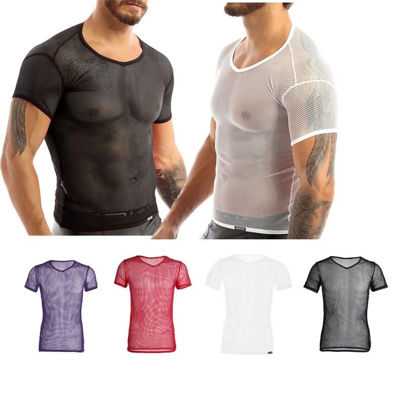 Mens Vest Stylish T-Shirt Sleepwear Clubwear Transparent Tops Cutout AU