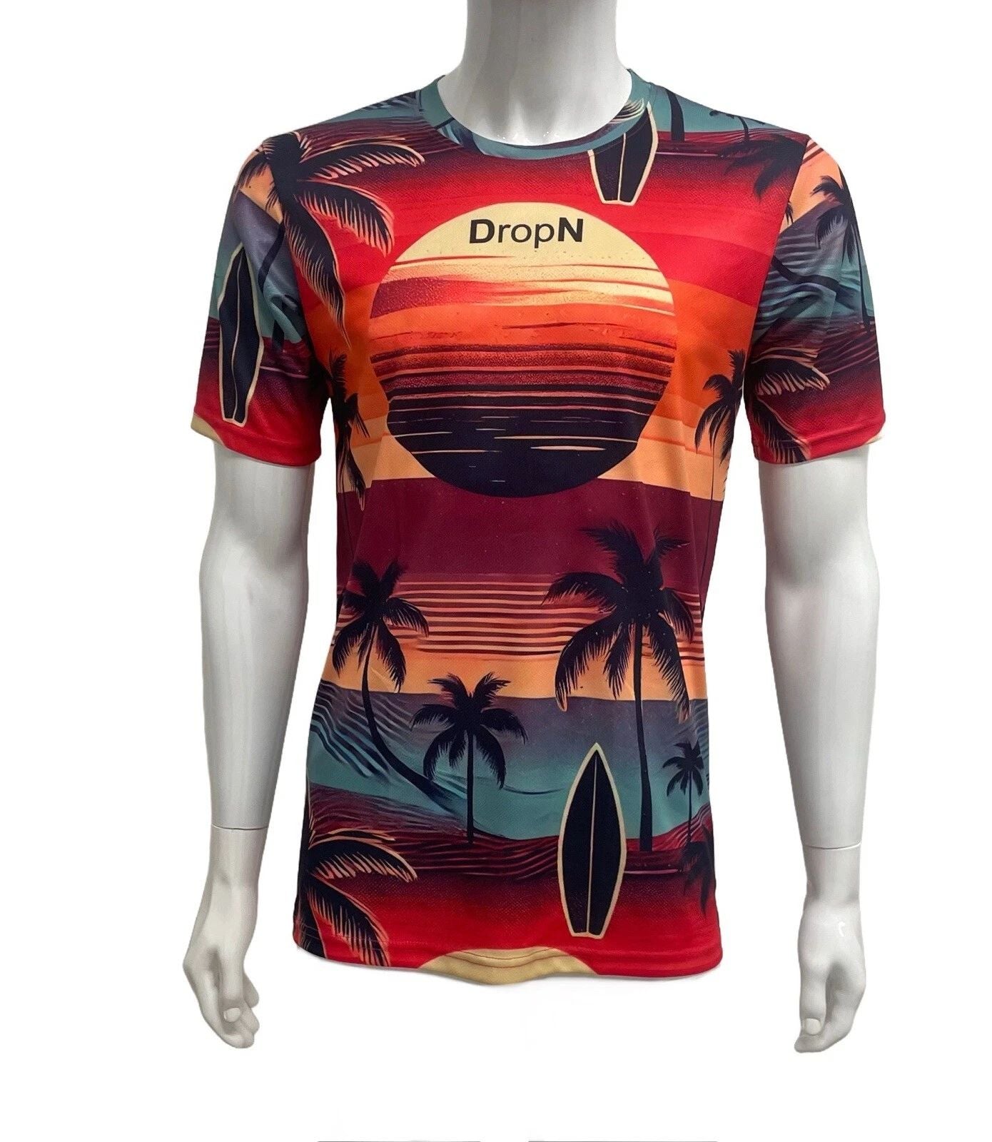 DropN Designer Surf Skater Tshirt Sunsets Palm Trees Surfboard Sky size Small