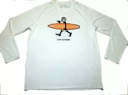 Life is Good White Man Surfboard Long Sleeve Tee SUN T SHIRT UPF 50+ Men's L