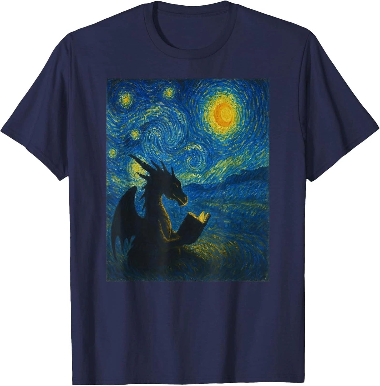 Van Gogh Starry Night Fantasy Reader Dragon Reading Book T-Shirt