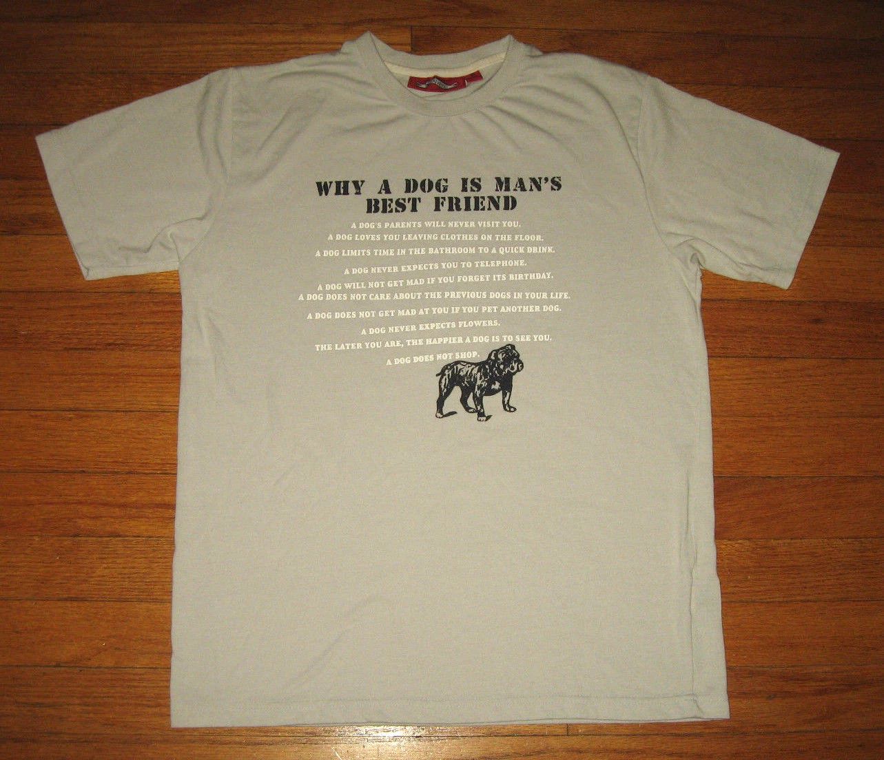 "WHY DOG IS MAN'S BEST FRIEND" Tee, Men's Size SMALL, Gray Tee w/ FUNNY REASONS