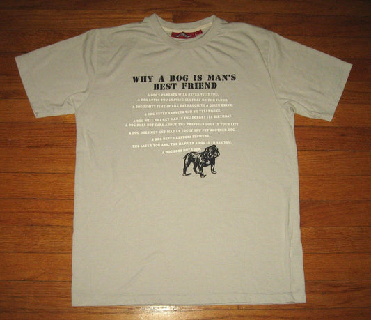 "WHY DOG IS MAN'S BEST FRIEND" Tee, Men's Size SMALL, Gray Tee w/ FUNNY REASONS