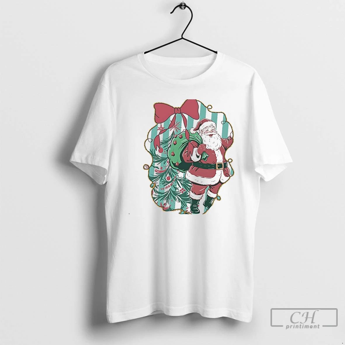 Classic Santa Claus With Christmas Tree Ribbon Frame White T Shirts