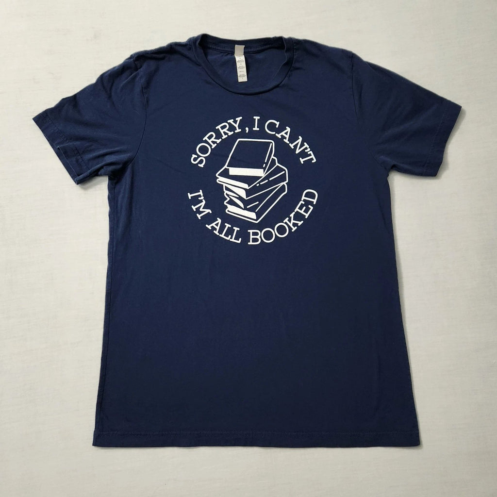 Mens IM ALL BOOKED! Graphic Print Tshirt Sz L Navy Blue Funny Smart Nerd