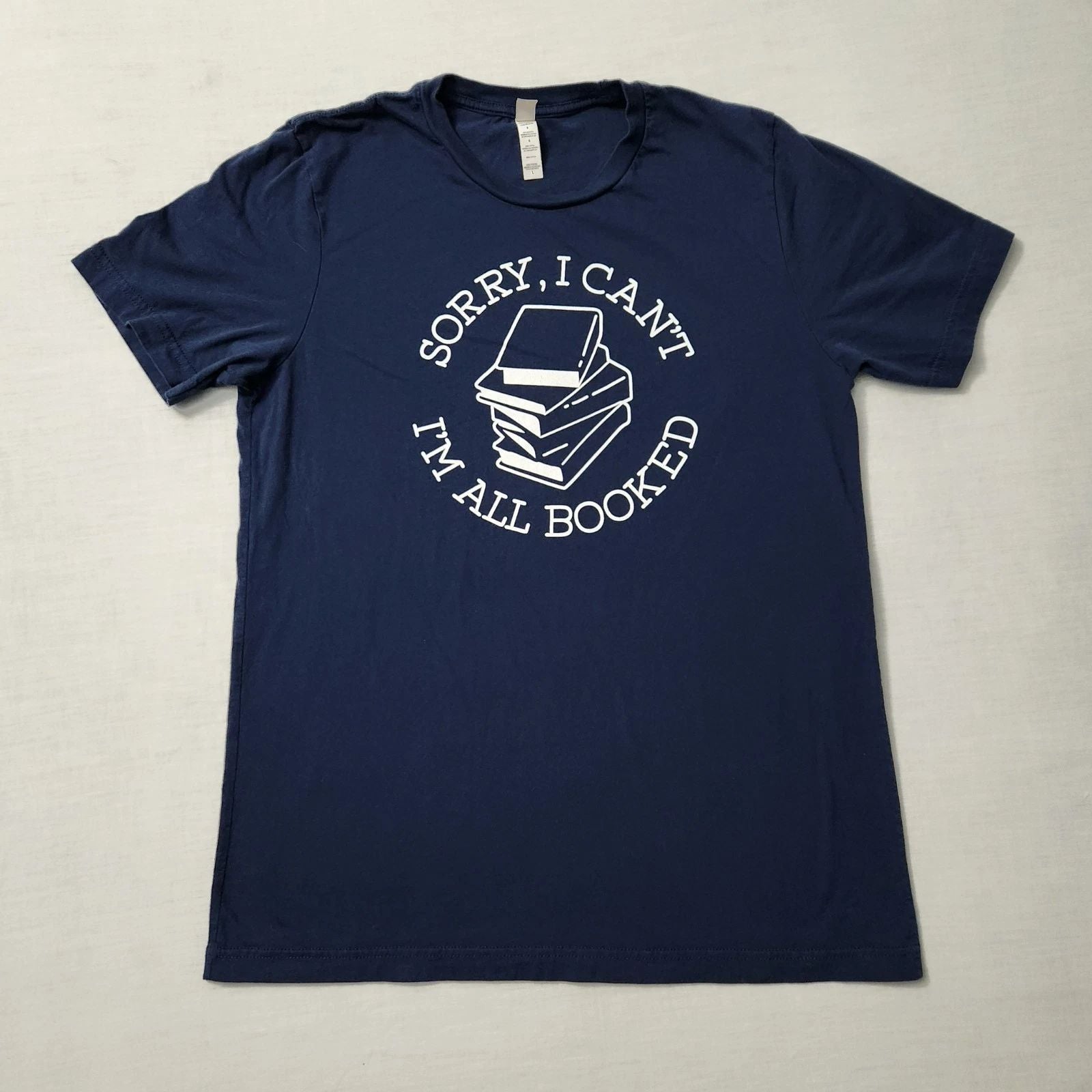 Mens IM ALL BOOKED! Graphic Print Tshirt Sz L Navy Blue Funny Smart Nerd